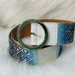 Fendi Blue Ombre FF Canvas Belt with Round Gold Buckle size 80/32